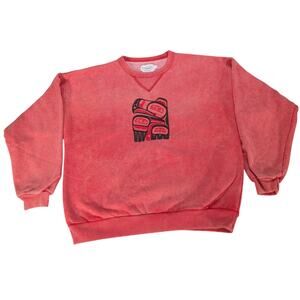 VTG Fuzzy Stonewash Sweatshirt S Red Made Canada Native Bear Graphic 90s Crew
